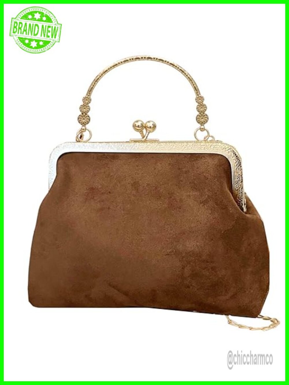 Vintage Kiss Lock Faux Suede Crossbody Handbag with Chain Strap